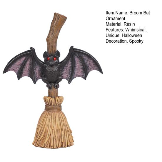 Halloween Broom Bat Figurine Resin Bat with Red Eyes Tabletop Decoration for Indoor Outdoor Home Patio Decor
