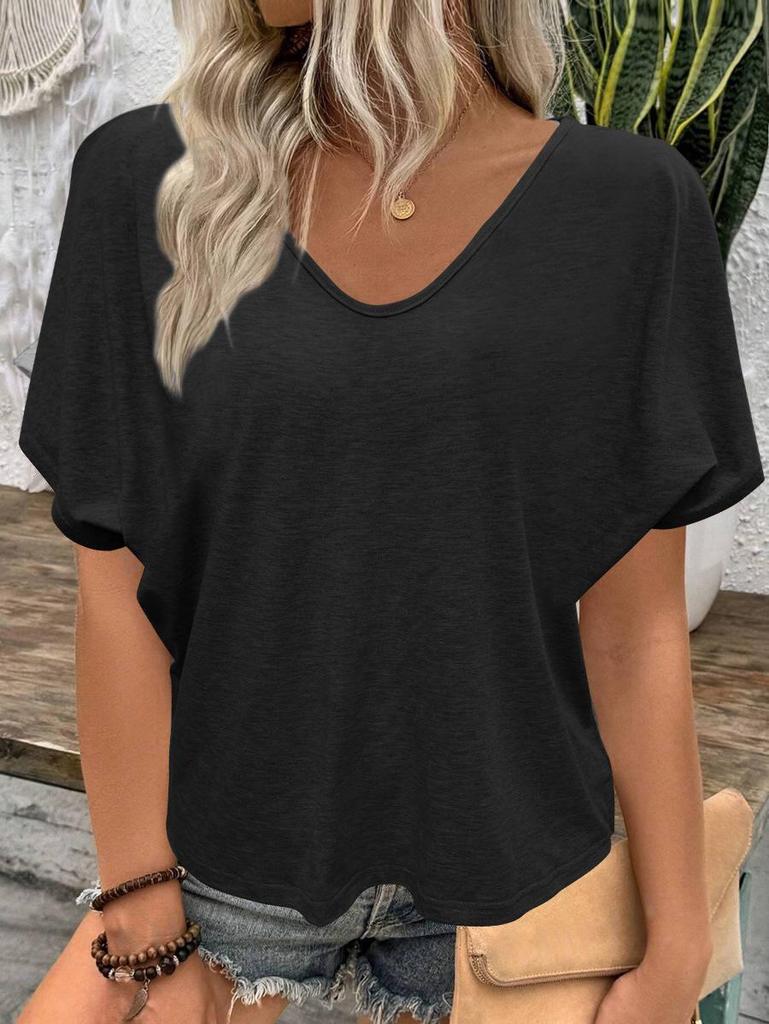 2024 Plissiertes Lockeres V-Ausschnitt Bonbonfarben Kurzarm T-Shirt