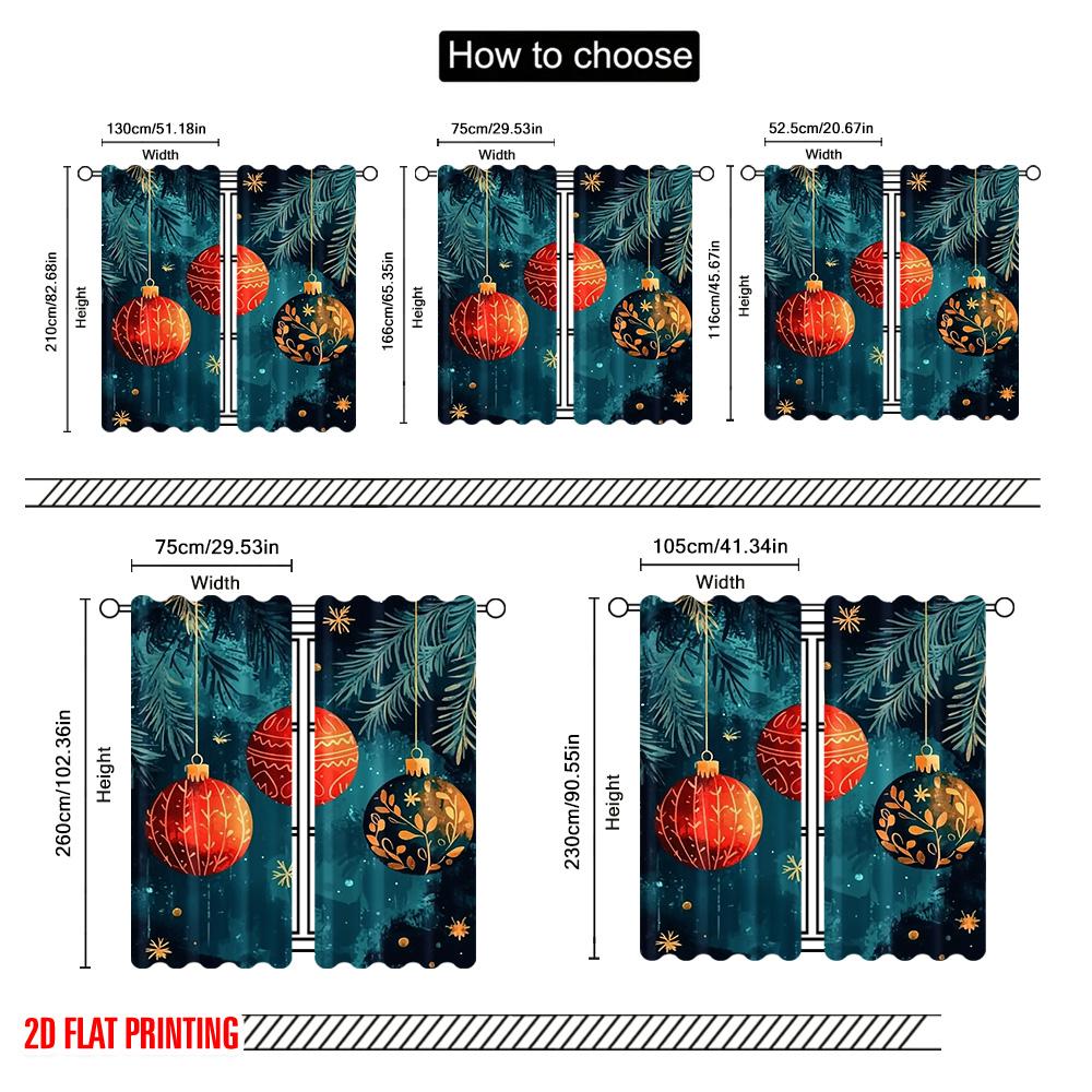 2pcs 2D Flat Printing Christmas Party Curtain Christmas Red Orange Orbs with Blue Snowflakes and Winter Branches Versatile