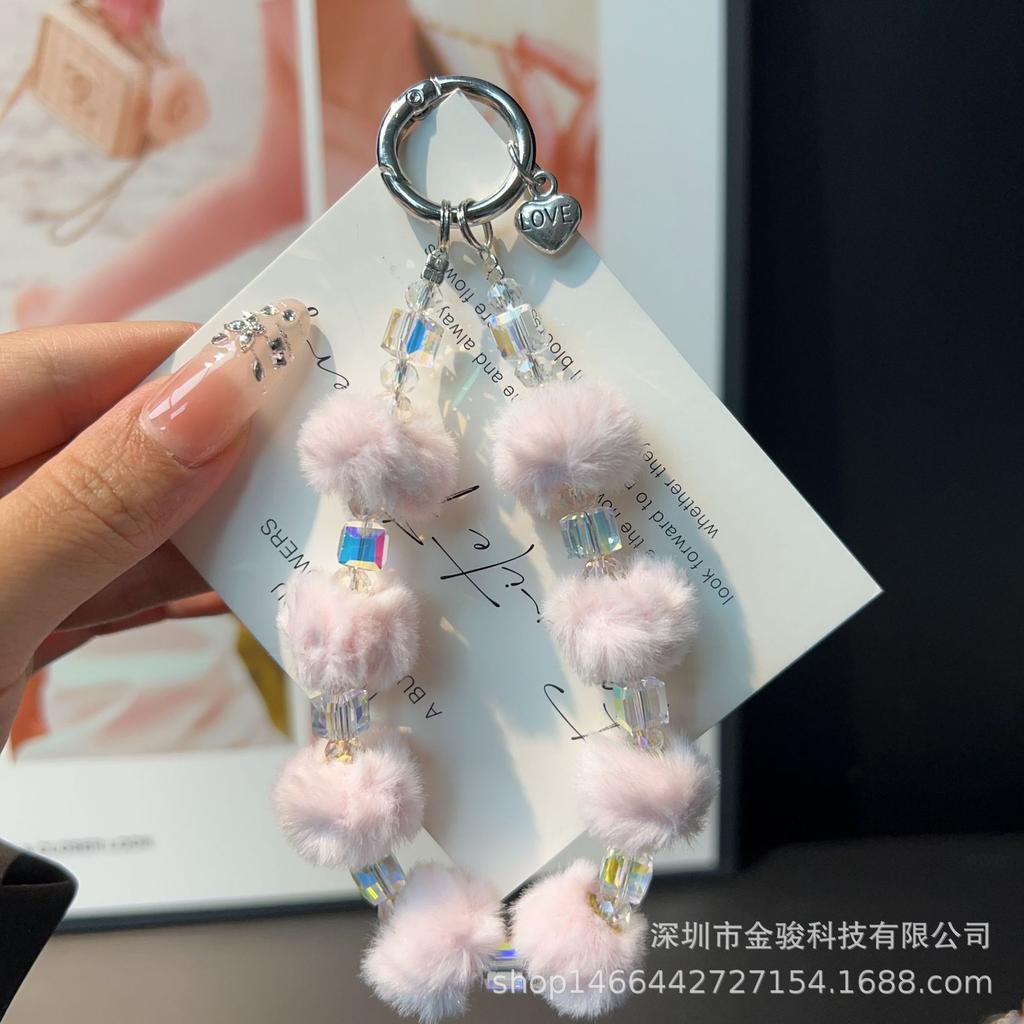 Crystal Pom-Pom Autumn Winter Phone Chain Keychain Plush Beaded Bracelet Bag Pendant Small Gift Phone Strap Wholesale