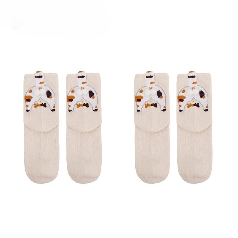 Spring and Summer Couple Socks Cute Mid Tube Versatile Women's Pile Socks Four Season Socks Cartoon Cat Jingle Egg