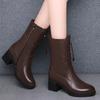 Fashion Round Toe Leather Ladies Mid Calf Shoes Autumn Winter Warm Fleece-Lined Middle Heel Women's Half High Boots Goth Work Footwear