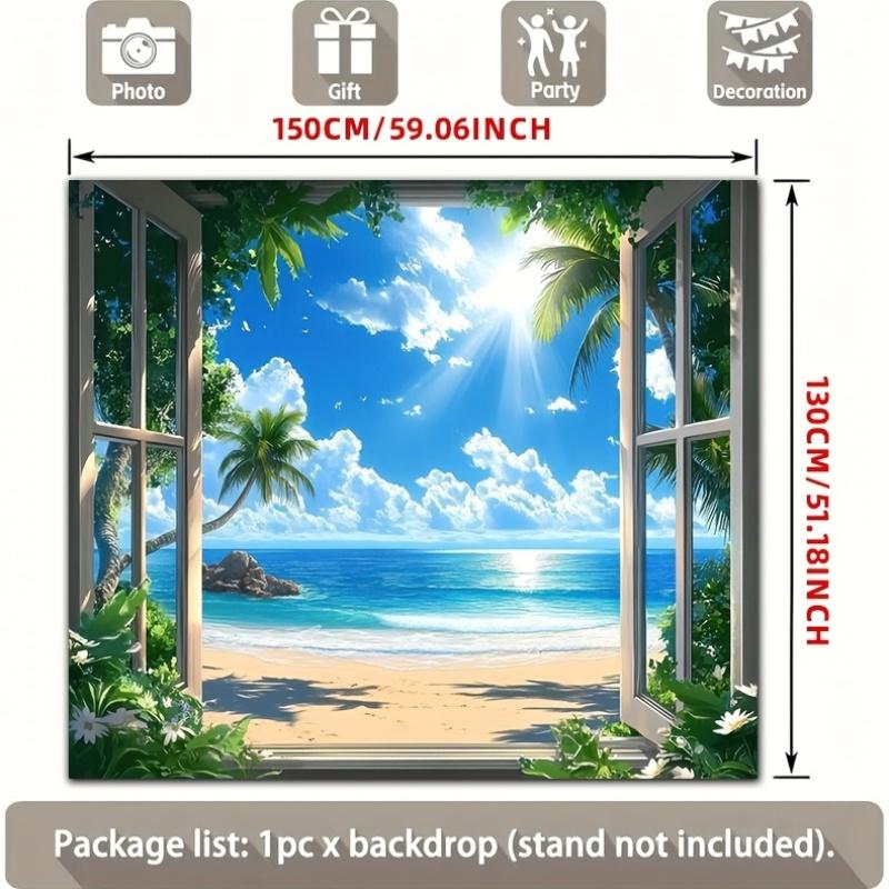 2D flat banner  1 piece. Tropical beach window scene with palm tree landscape art polyester background fabric.