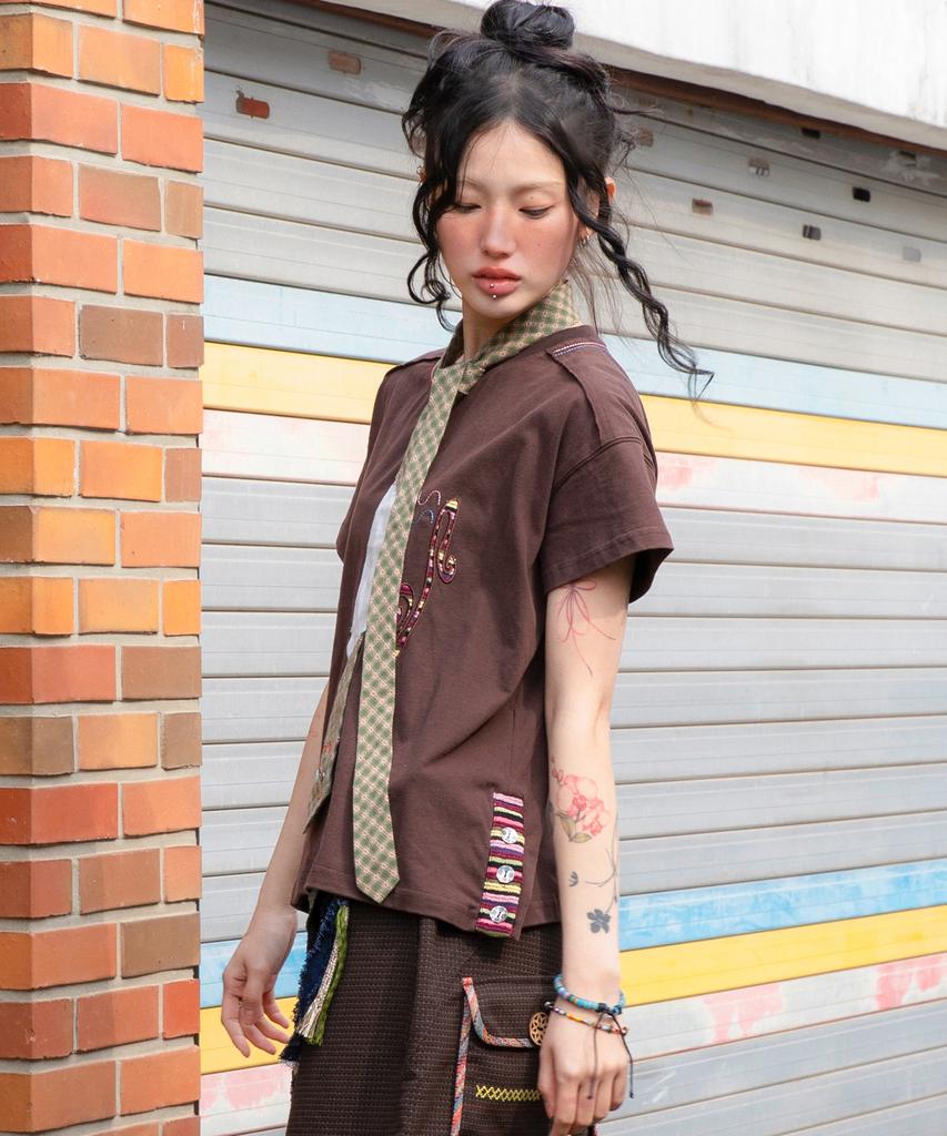 RuNaKi'Hu' Wxt085 Onco Stripe Applique T-Shirt (Brown)