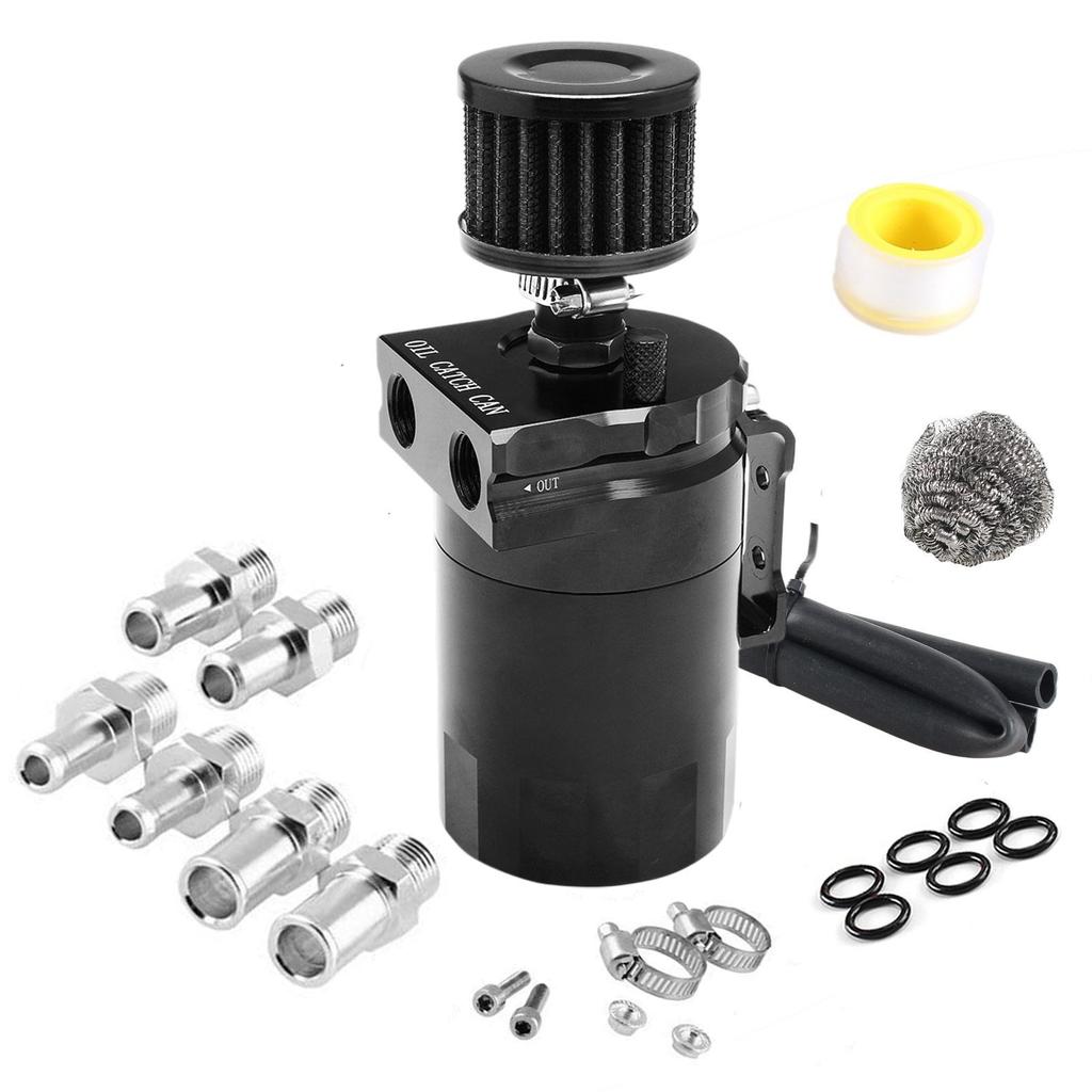 Car Baffled Oil Catch Can Reservoir Tank with Mini Filter Breather Baffled Aluminum Fittings Oil Dipstick Hole Breathable Kettle