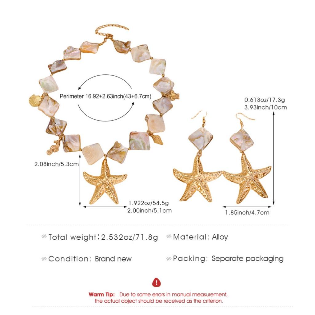 Boho Ocean Style Starfish Pendant Necklace and Drop Earring Set Irregular Natural Shell Beads Sea Animal Charms Women Beach Vacation Matching Jewelry