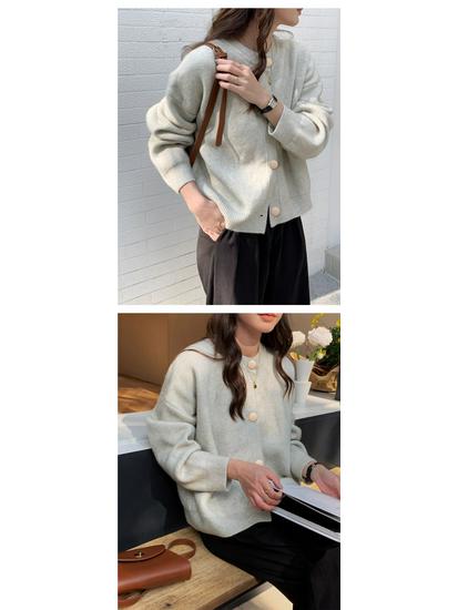 Damen Strick-Cardigan im koreanischen Stil mit Rundhalsausschnitt - Einreihig, Unifarbe, Lockere Passform, Pullovermantel für Herbst/Winter.