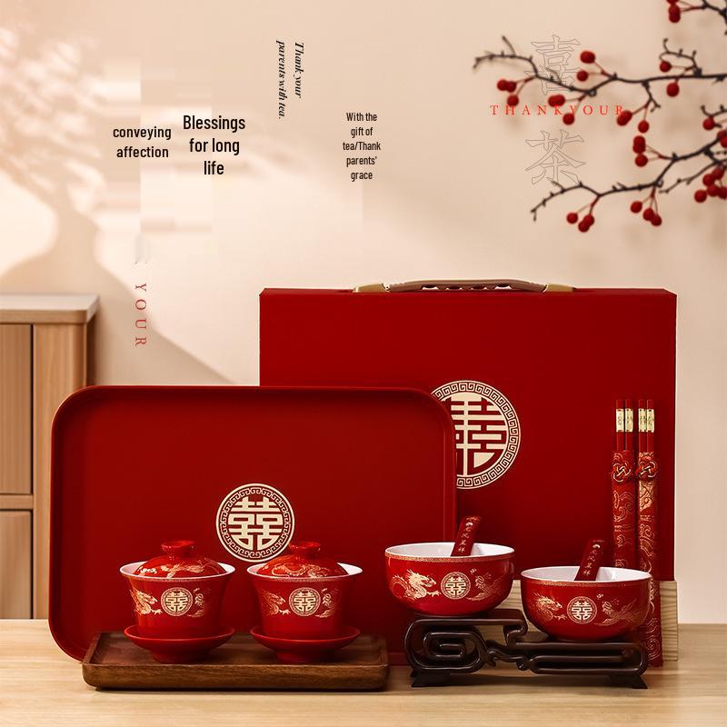 Red Wedding Tea Set: Tea Cups, Bowls & Chopsticks - Perfect for Weddings & Celebrations