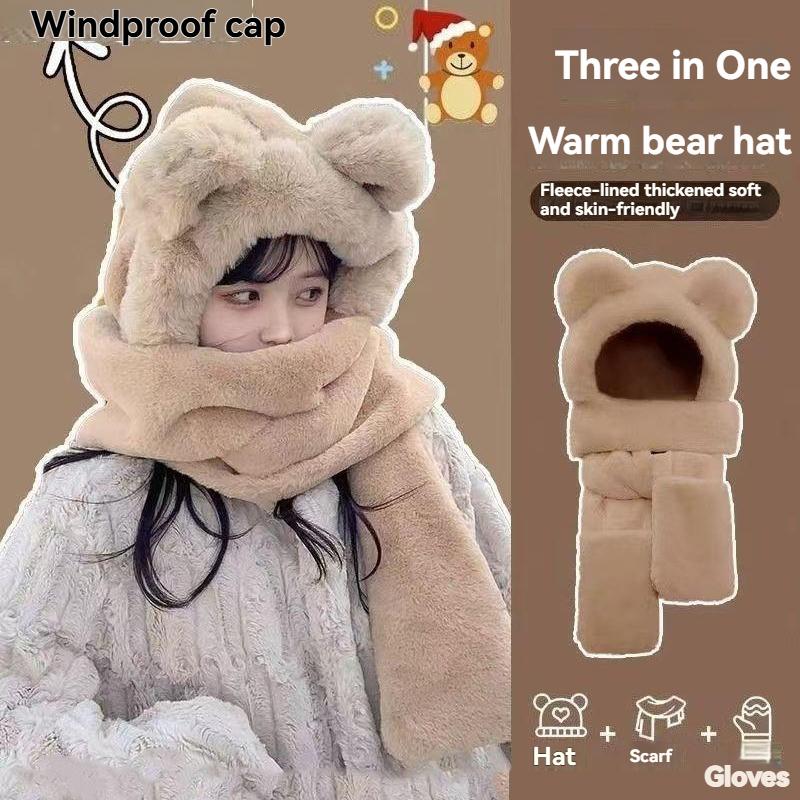 Winter Warm Flauschiges Fleece 3-in-1 Bärenohren Kapuzenmütze Schal Handschuhe Set Winddichtes Outdoor-Zubehör für Kaltes Wetter
