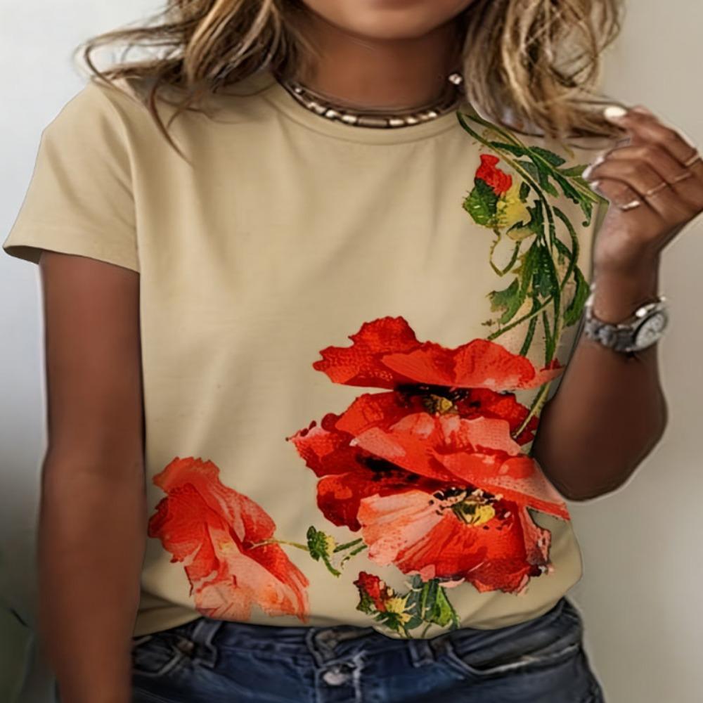Damen T-Shirts Rundhals Kurzarm Farbverlauf Lila Blütenzweig Druck T-Shirt Damen Outfits Lässige Streetwear Coole Kleidung
