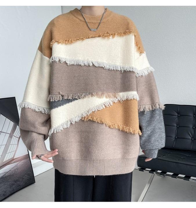 

High-End Color-Block Patchwork Sweater with Tassels 3XL хакі