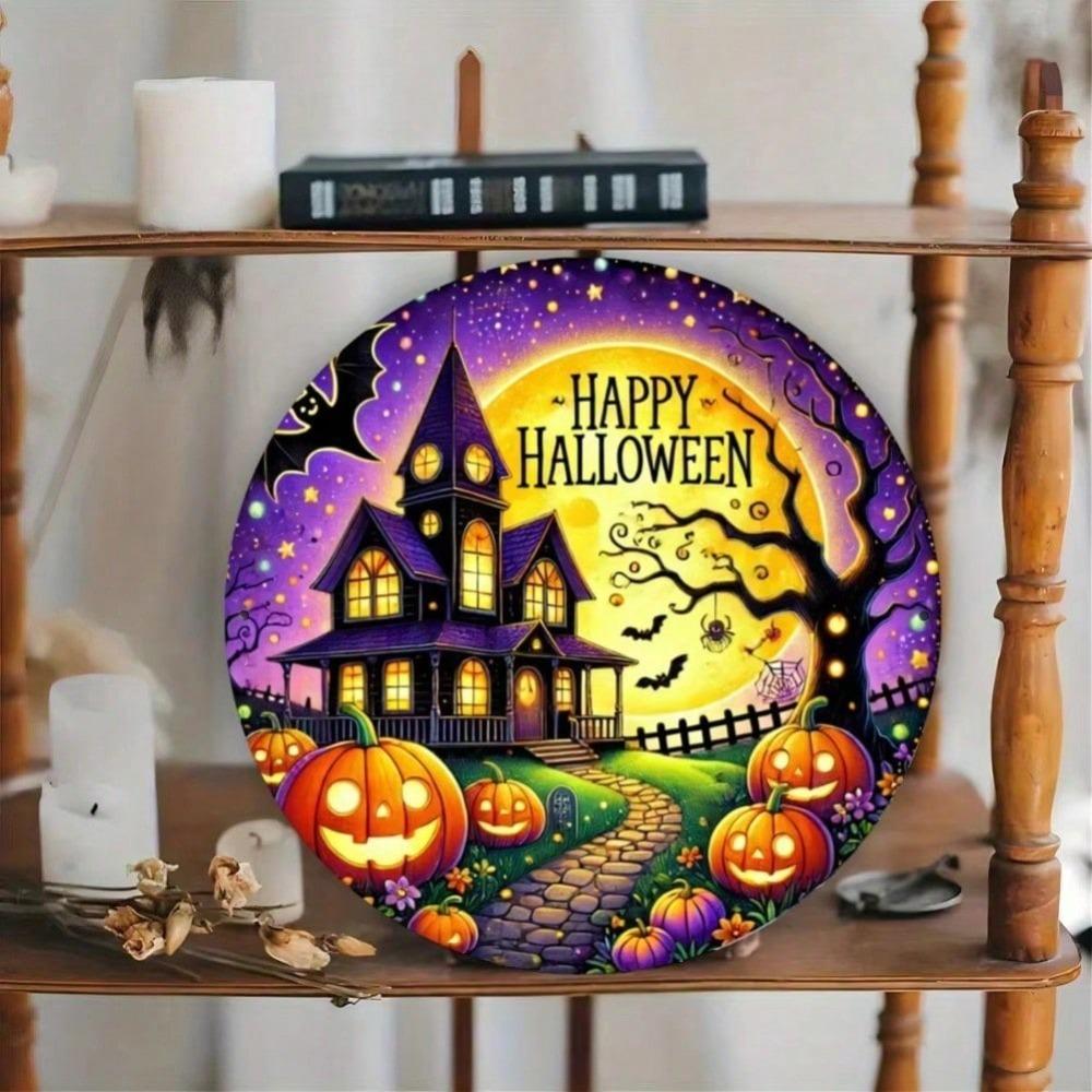 Aluminum Foil Engraving Art Plate - Spooky Haunted House With Pumpkin Design, Happy Halloween Wall Decor, Durable Waterproof Metal Craft