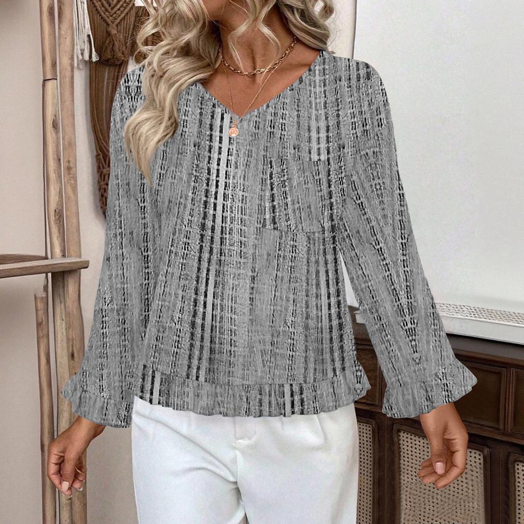 Women's Casual Fashion Ruffled V-Neck Pocket Floral Print Long Sleeve Top