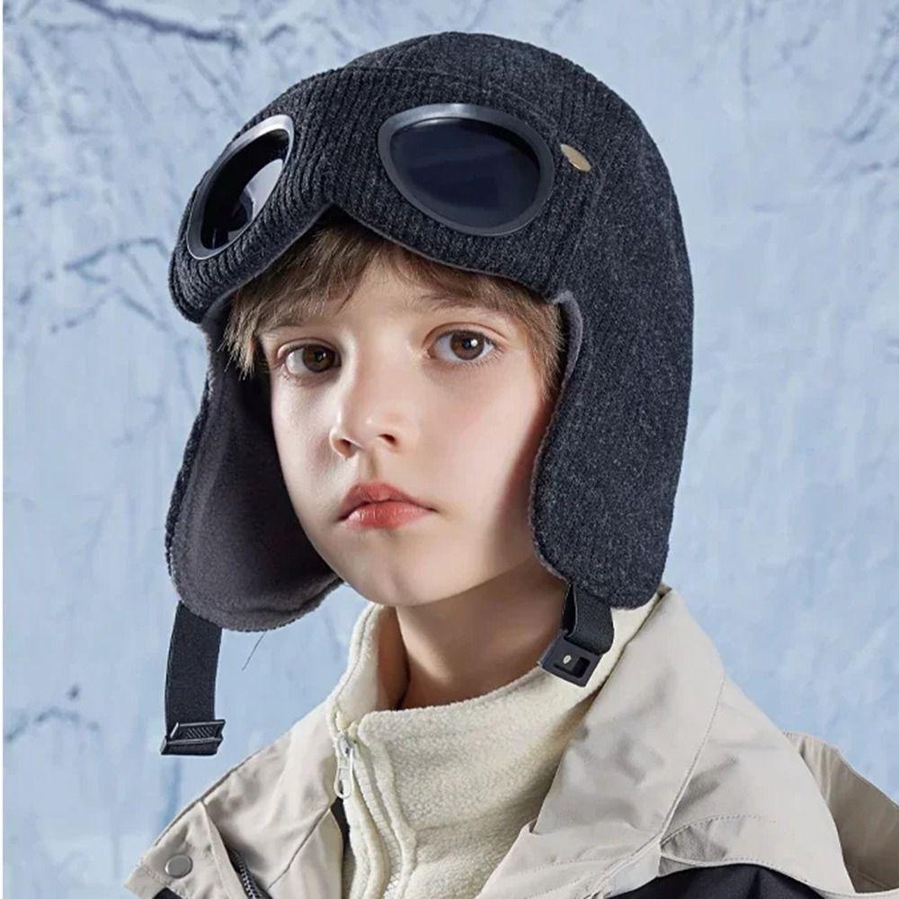 Ear Cap Children Glasses Hat Neck Protection Kids Knitted Beanies Cute Warm Cap With Goggles  Boys