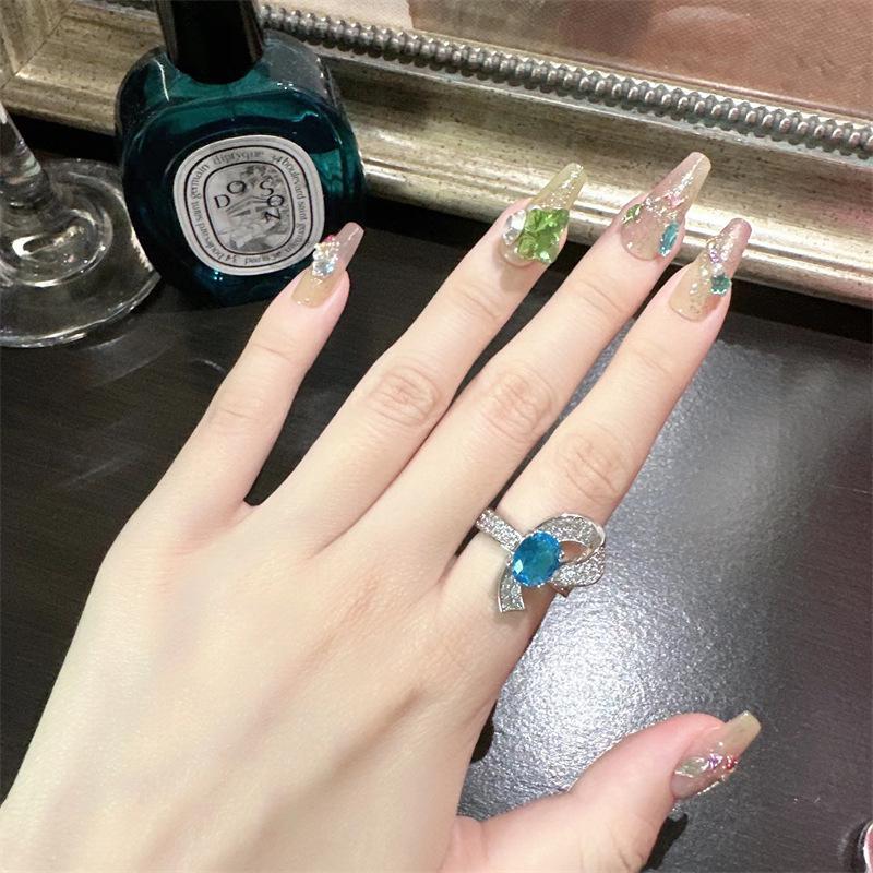 18K Gold-Plated Blue Sapphire & Zircon Bow Knot Ring for Women