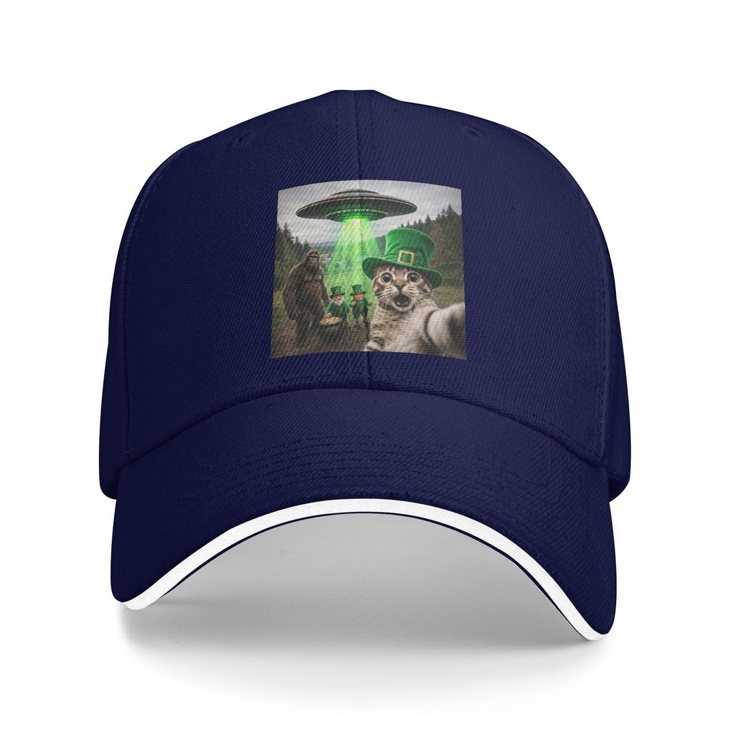Summer Casual Baseball Cap Funny St Patricks Day Cat Selfie with Leprechaun Bigfoot UFO Unisex Hot Sale  Vintage Baseball Caps