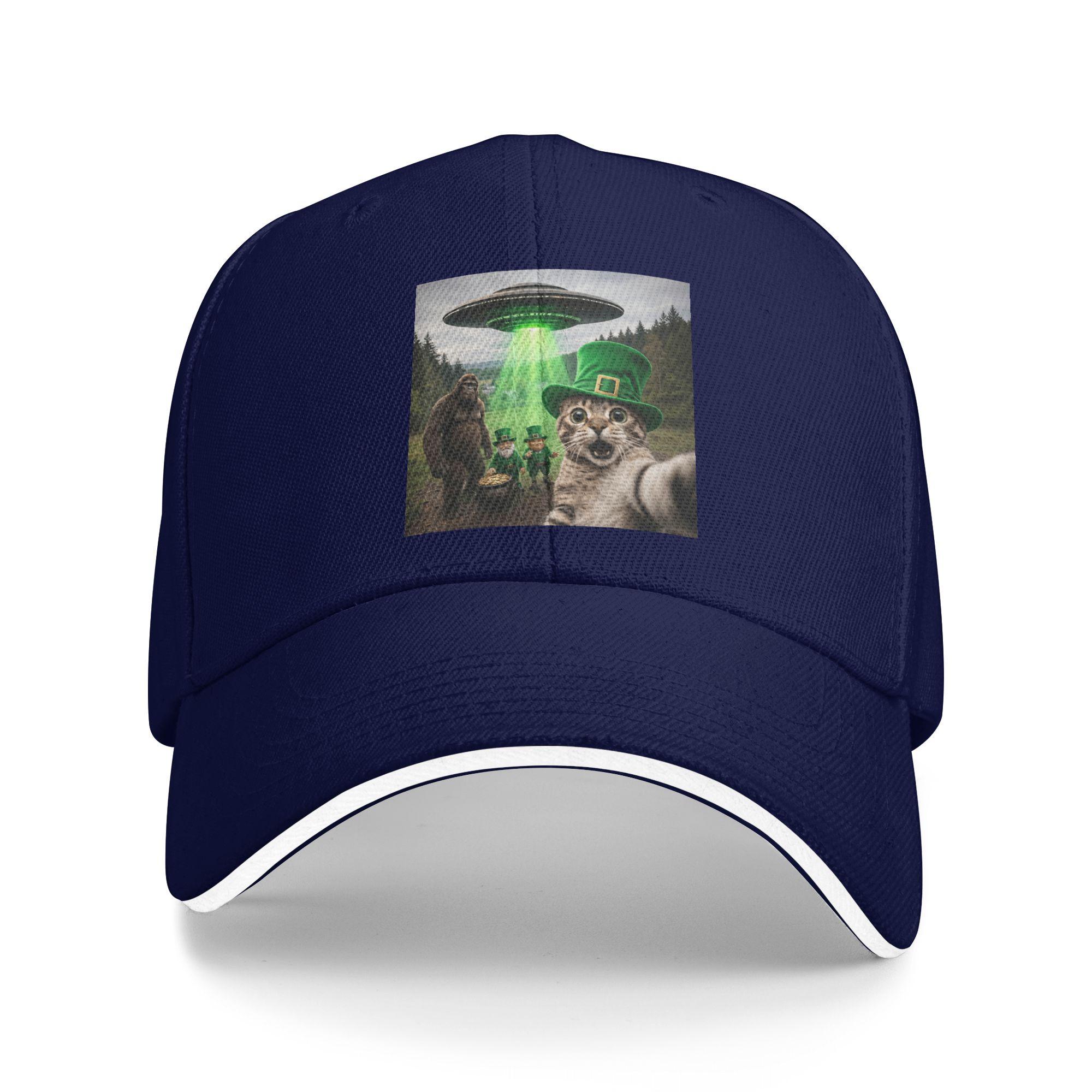 

Summer Casual Baseball Cap Funny St Patricks Day Cat Selfie with Leprechaun Bigfoot UFO Unisex Hot Sale Vintage Baseball Caps One Size