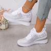 Women's Shiny Rhinestone Wedge Sneakers Breathable Knit Non Slip Walking Shoes Woman Plus Size Fashion Thick Sole White Sneakers