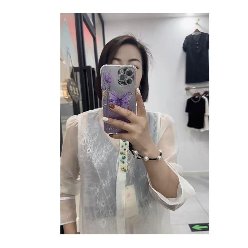 

Ощущение большого бренда! Блузка женская летняя с воротником-стойкой, цветными бусинами, длинным рукавом, вставками из органзы и кружева, защитная от солнца White XL