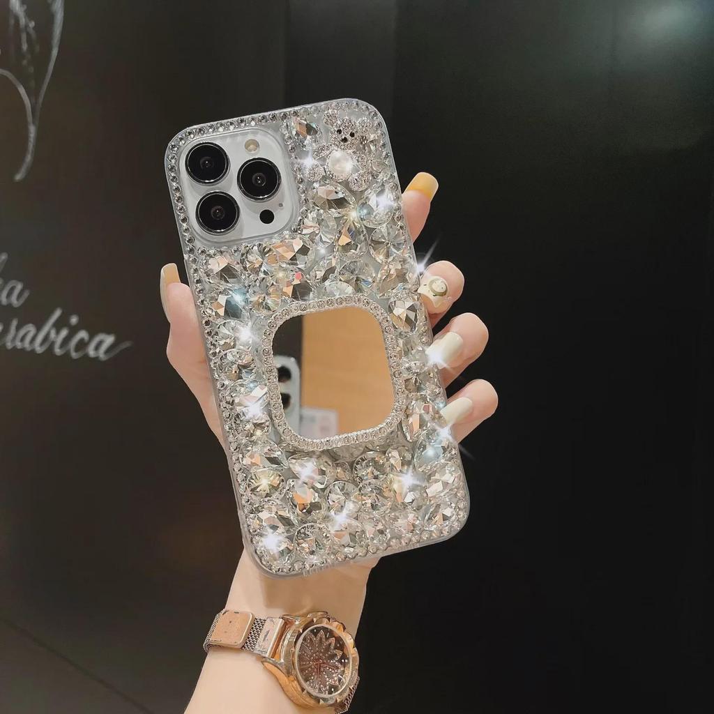 Diamond Pearl Bear Stand Mirror with Anti-Fall for Apple 15PRO/14/13 Mobile Phone Case