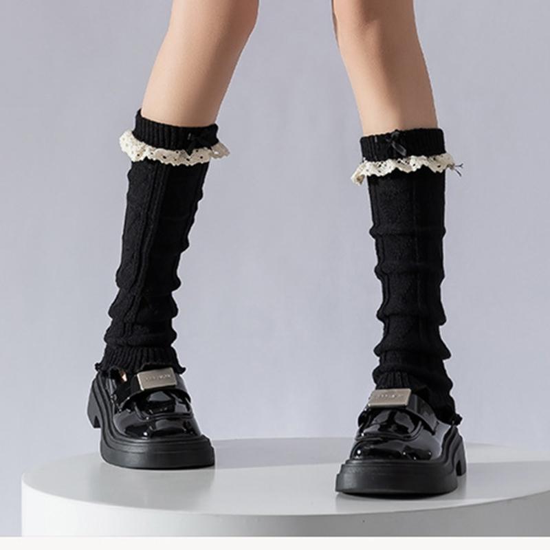 Women Fairycore Knitted Leg Warmers Calf Socks Japanese Sweet Bowknot Ruffled Lace Trim Leg Covers Boot Cuffs Stockings