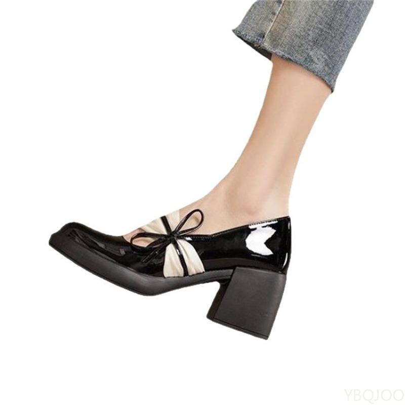 Women's Fashionable Versatile High Heels Spring Autumn Elegant Simple Women's Shoes Bow Thick Heels Shallow Mouth Shoes
