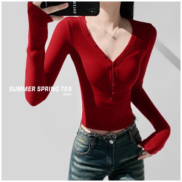 Chic Slimming Cropped Long-Sleeve Top - Spring 2026 Women s New Arrival L красный