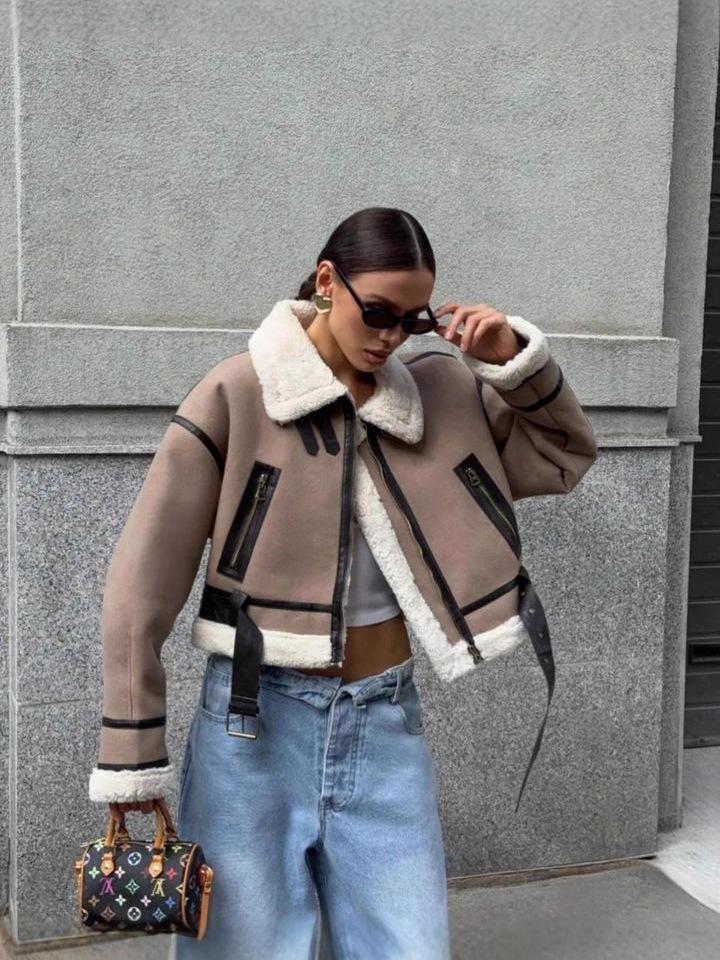 Chaqueta de Moto para Mujer Otoño/Invierno 2025 con Cuello Solapa de Piel Sintética