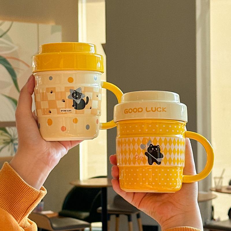 Hochwertige Milch-Fufu-Katzen-Tasse mit Deckel, niedliche Keramiktasse für Paare, Büro-Kaffeetasse, Geburtstagsgeschenk