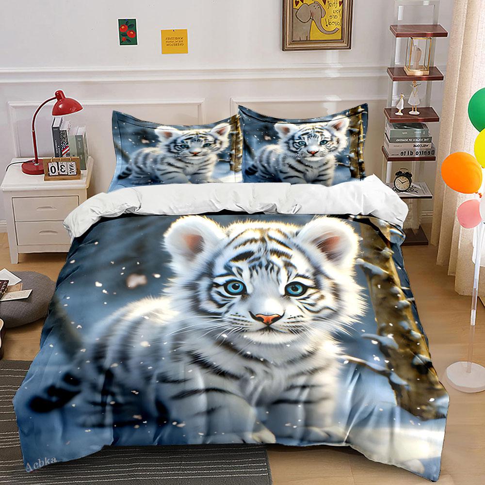 White Tiger Art Decor Set Soft Comfortable Duvet Cover Bedding Set Included 1*Duvet Cover & 2*Pillowcases, Gift