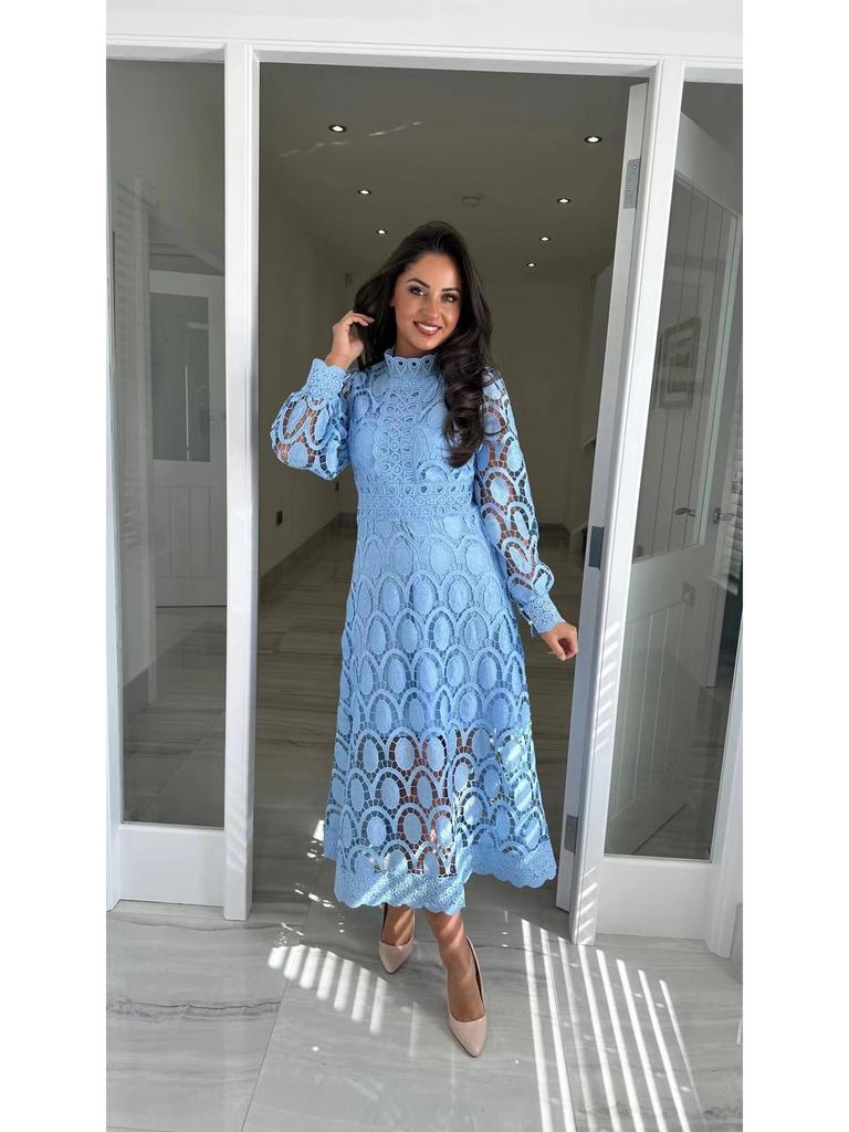 Vestido de Encaje Francés de Primavera 2024 con Manga Abullonada y Cuello Mao – Elegante, Diseño Largo que Estiliza la Cintura