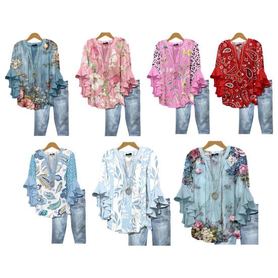 Women Shirt V-Neck 3/4 Ruffle Sleeves Floral Print Anti-Wrinkle Bohemian Blouse Loose Fit Ultra Lightweight Beach Shirt