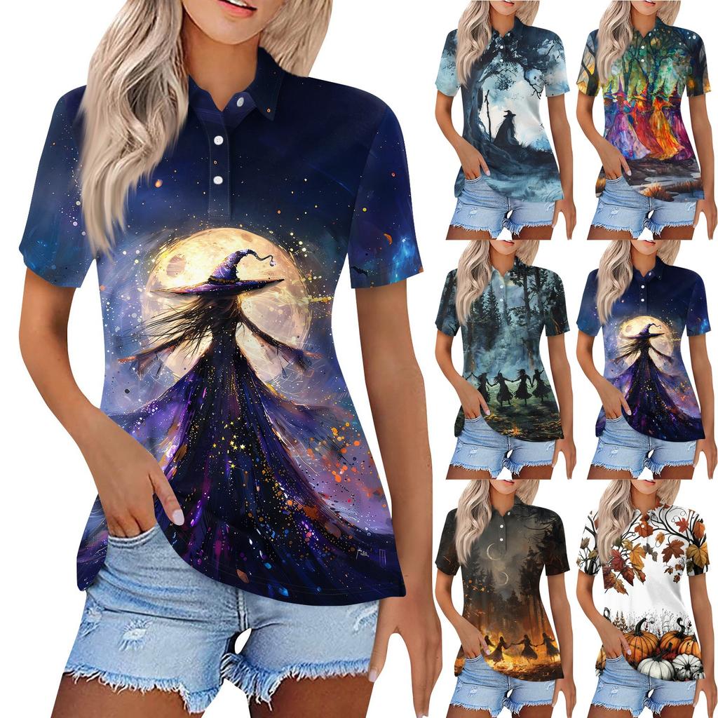 Dámská móda Ležérní klopa Krátký rukáv Halloweenský potisk Košile Dámské zapínací topy