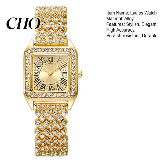 Durable Ladies Watch Women's Square Crystal High Accuracy Quartz Movement Rhinestone Paved Dial Scratch-Resistant Casual Women Wristwatch Mineral