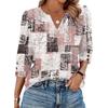 Women's Casual V Neck Loose Fit Three Quarter Sleeve Top with Button Detail on Sleeve and Patchwork Pattern Suitable for Everyday Wear