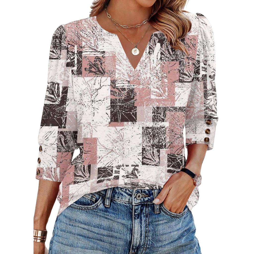Women's Casual V Neck Loose Fit Three Quarter Sleeve Top with Button Detail on Sleeve and Patchwork Pattern Suitable for Everyday Wear