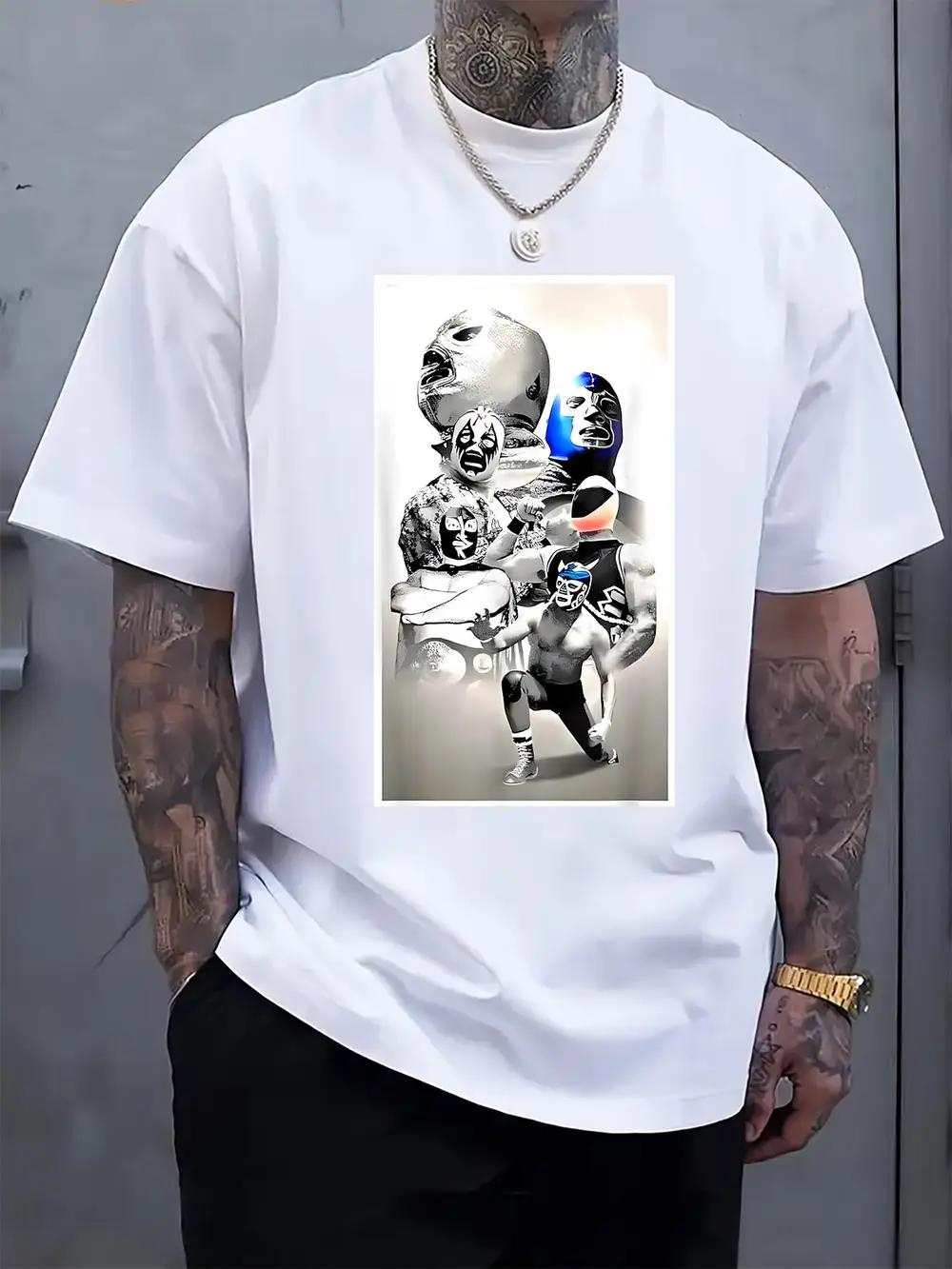 Graphic Print Crew Neck T-shirt - Casual Summer Tee with Unique Wrestling Design S