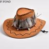 Retro Feather Western Cowboy Hats for Men Women Faux Suede Wide Brim Cowgirls Jazz Cap Outdoor Travel Sun Hat