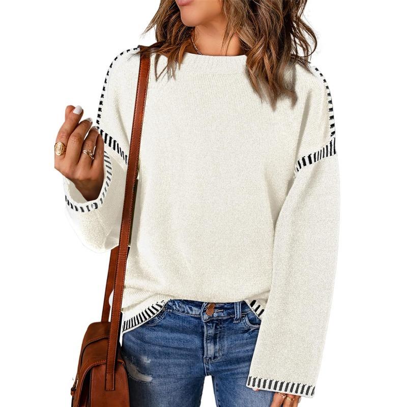 Autumn and Winter Solid Color Round Neck Loose Long Sleeved Contrasting Knitted Pullover Women's Sweaters