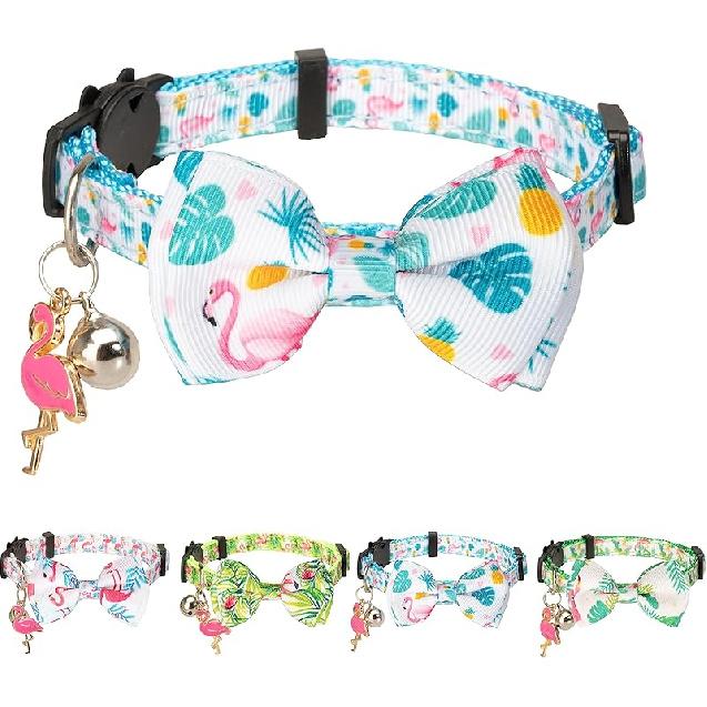 Cat Collar with Bow Tie Pink Flamingo Bell Pendant Charm Safety Detachable Cute Kitten Forest Tropic Leaf Plant Pattern Flamingo A