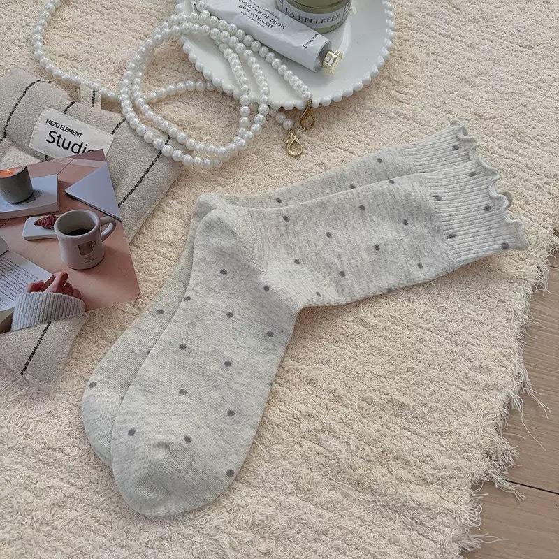Women's Summer Thin Ballet-style Wooden Ear Side Polka Dot Long Tube Pile Socks