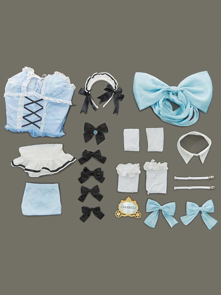 Adult Anime Game Goddess Style Open Chest Princess Maid Dress Cute Adorable Moe Cool Costume Cosplay Fancy Dress Transformation Outfit Set Blue