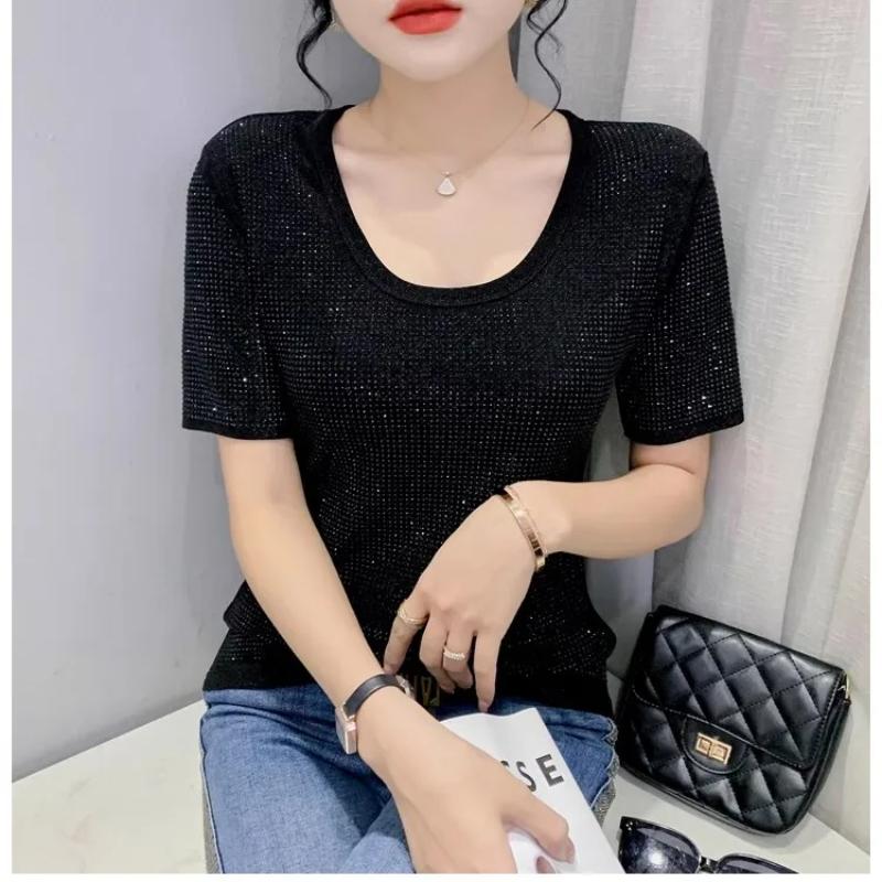 Summer Streetwear Girl Luxury Hot Drill Slim Fit T-Shirt Fashion Temperament O-Neck Short Sleeve Shiny Diamonds Women Tees Tops