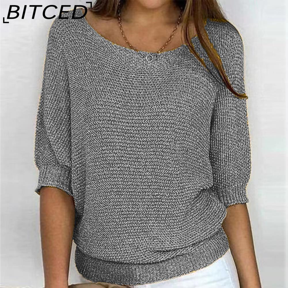 BITCED Βαμβακερό Πλεκτό Τοπ Μονόχρωμο με Στρογγυλή Λαιμόκοψη για Γυναίκες Κομψή Μπλούζα με 3/4 Μανίκια για το Γραφείο και Χώρους με Κλιματισμό