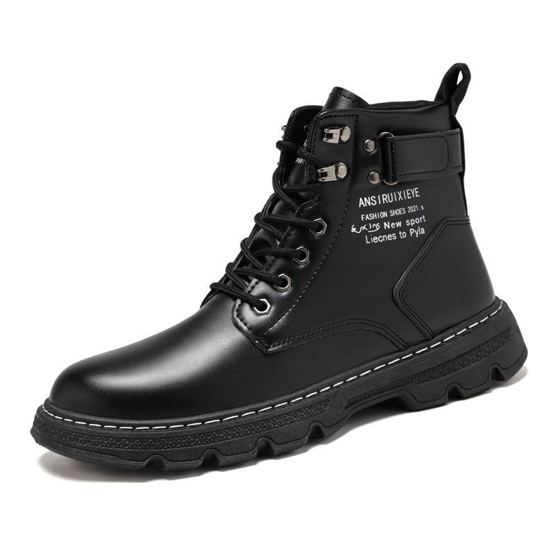 Men's Versatile Work Boots, Casual Shoes, Thick Soled Pure Black High Top Boots for Men