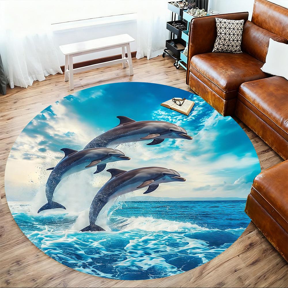1pc Dolphins Ocean Round Chair mat Area Rug - Non-Slip, Floor Mat for Office, Bedroom, home decor Christmas Gift-1002342