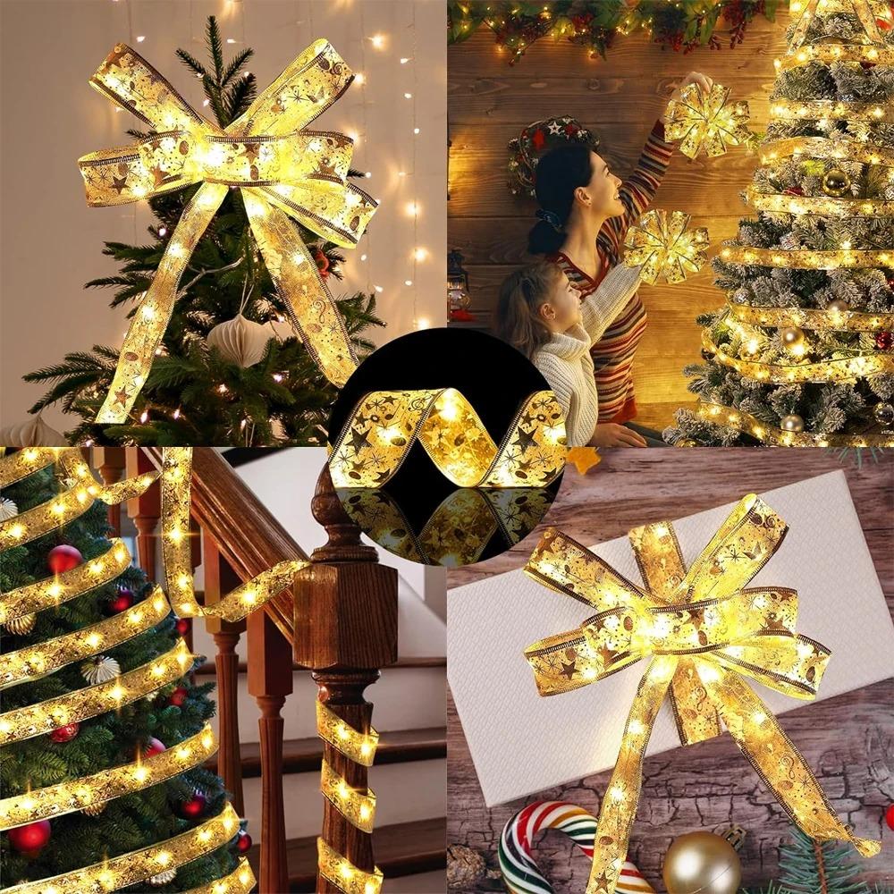 Christmas Tree Ribbon Fairy Lights, Indoor DIY Lace Bows String Light Battery Powered Twinkle for Christmas Tree New Year Decor