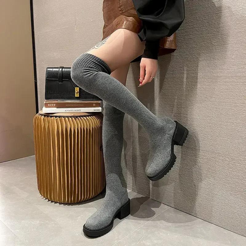 Fashion High Heels Long Boots for Women Elegant Heeled Round Toe Knee Shaft Shoes Woman Sock Gyaru Fashion 2024 Trend Winter Novelty Y2k