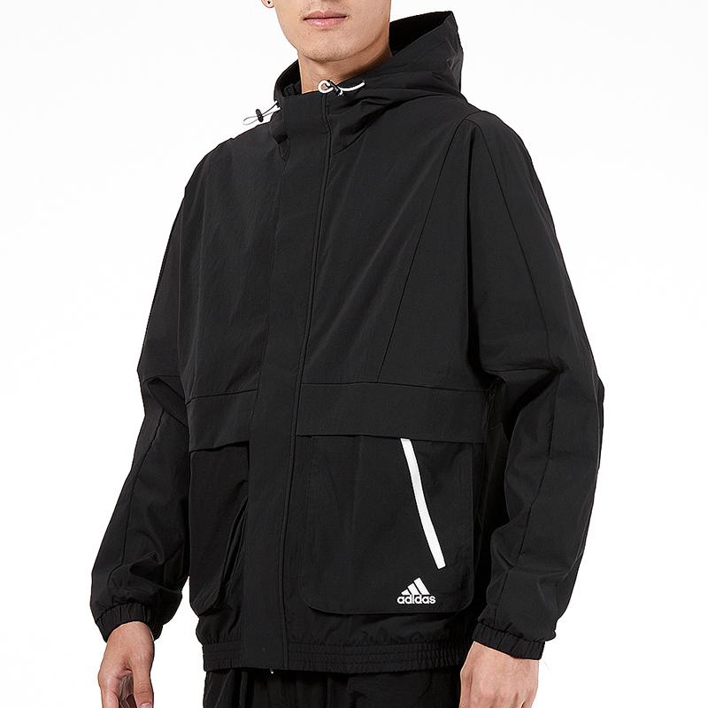 Adidas Unifarbene Jacke mit Logo-Print für Herren, lässig mit Kapuze, Oberbekleidung, Schwarz H40211