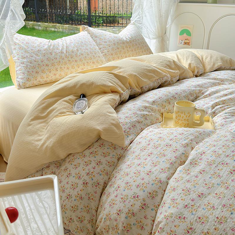 

Washed cotton bed 4pcs set, small fresh bed sheet quilt cover, bed hat, student dormitory three-piece set 1.2 m 3pc quilt 1.5*2m